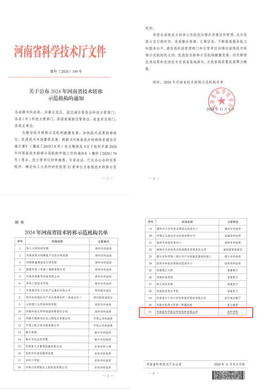 化學所公司獲批河南省技術轉移示范機構